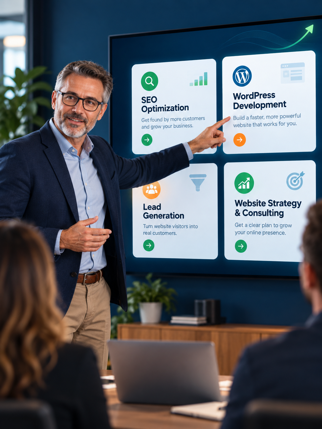 Small business SEO services presentation covering SEO, WordPress, lead generation and website strategy